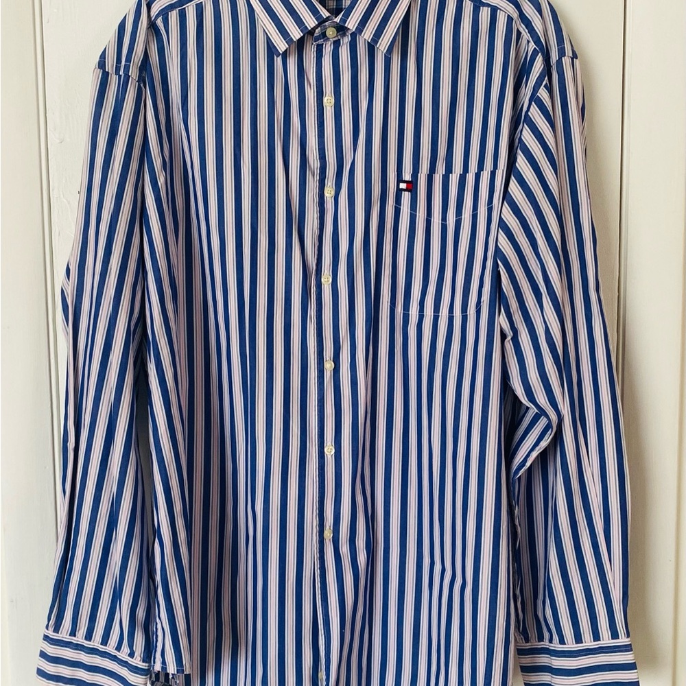 Tommy Hilfiger Blue & White Stripe Button-Down Shirt 100% Cotton Mens XL Classic
